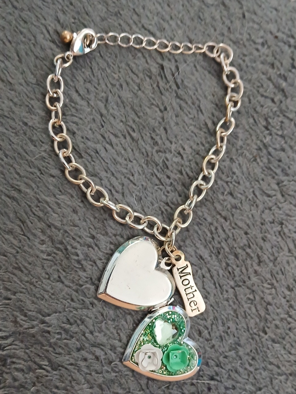 Silver Tone 'Mother' Heart Locket Bracelet with Green Accent